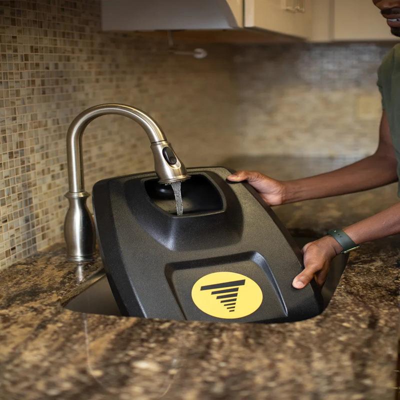 Tornado Vortex 13 multi-surface auto scrubber filling water tank sink black yellow logo.