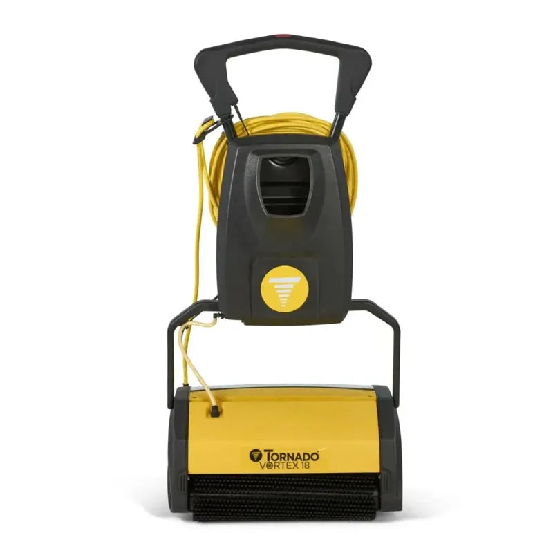 Tornado Vortex 18 front view logo panel yellow housing black brush.