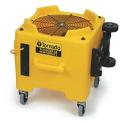 Tornado Windshear Downdraft angled view yellow housing black handle wheels cord storage.