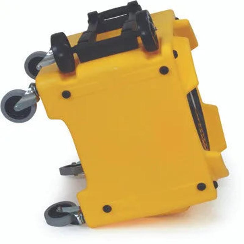 Tornado Windshear Downdraft whole room dryer side view yellow housing black handles wheels.