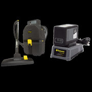 Tornado Zephyr Cordless Backpack Vacuum battery and charger set with backpack vacuum black and yellow.