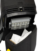 Tornado Zephyr Cordless Backpack Vacuum open filter compartment with hepa filter and collection bag.