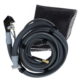 Upholstery Tool hose and hose bag black handle gray coiled hose mesh storage bag.