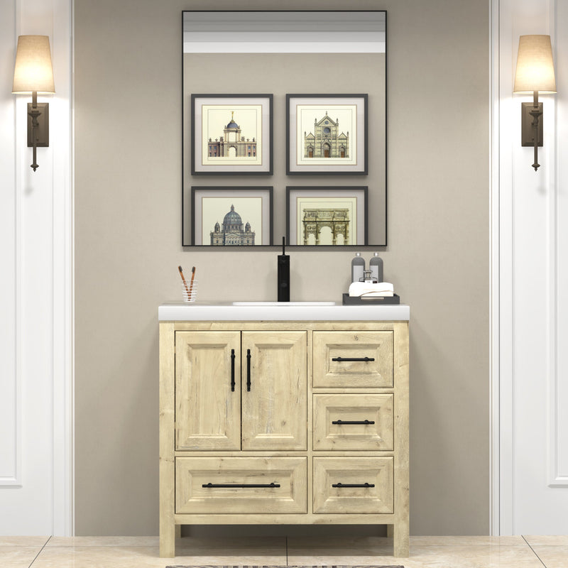 VIV 36 Inch Freestanding Solid Wood Bathroom Vanity in French Oak with Single Sink Acrylic Sink Set