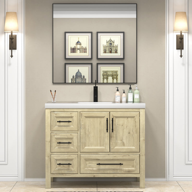VIV 42 Inch Freestanding Solid Wood Bathroom Vanity in French Oak with Single Sink Acrylic Sink Set