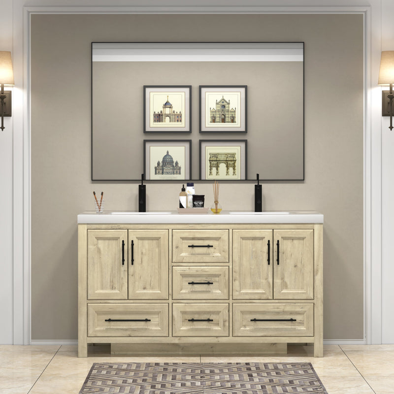 VIV 60 Inch Freestanding Solid Wood Bathroom Vanity in French Oak with Double Sink Set