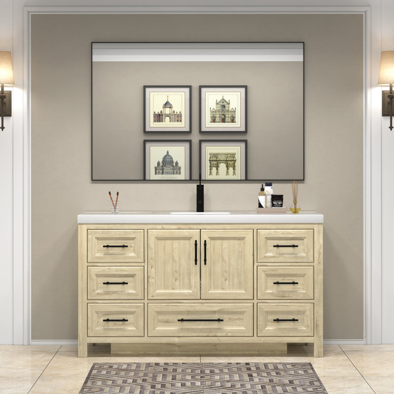 VIV 60 Inch Freestanding Solid Wood Bathroom Vanity in French Oak with Single Acrylic Sink Set