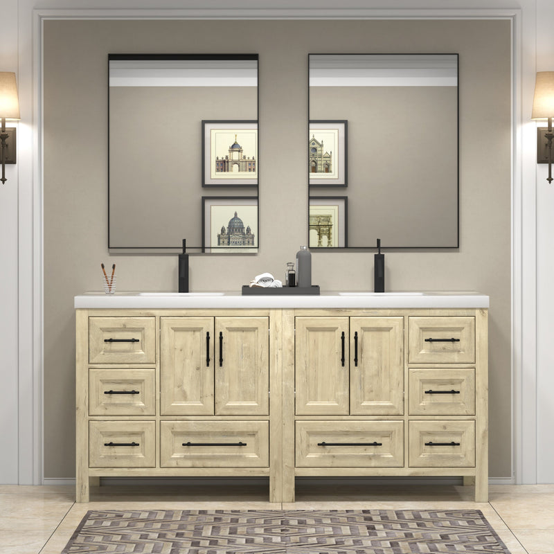 VIV 72 Inch Freestanding Solid Wood Bathroom Vanity in French Oak with Double Sink Acrylic Sink Set