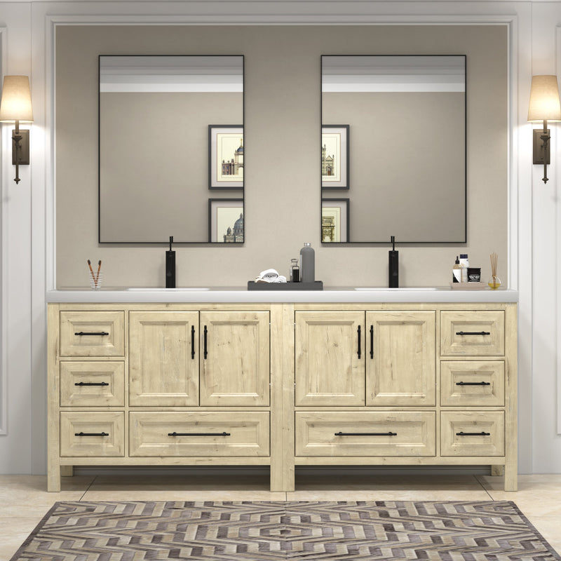 VIV 84 Inch Freestanding Solid Wood Bathroom Vanity in French Oak with Double Sink Acrylic Sink Set