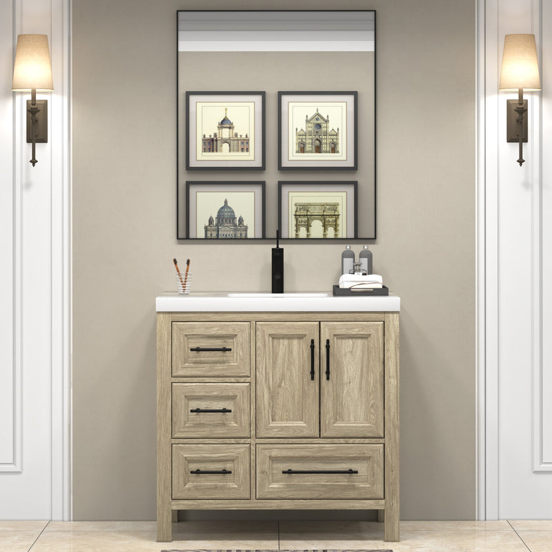 VIV 36 Inch Freestanding Solid Wood Bathroom Vanity in White Oak with Single Sink Acrylic Sink Set