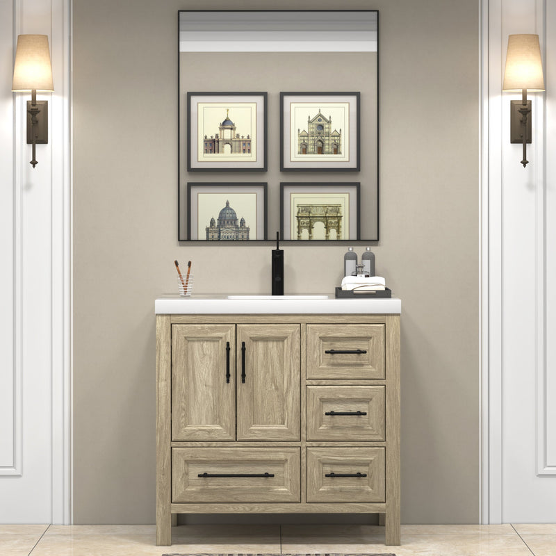 VIV 36 Inch Freestanding Solid Wood Bathroom Vanity in White Oak with Single Sink Acrylic Sink Set
