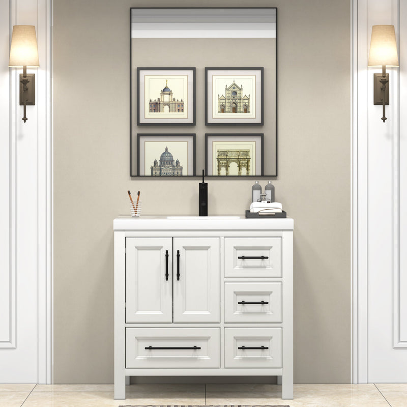 VIV 36 Inch Freestanding Solid Wood Bathroom Vanity in Matte White Oak with Single Sink Acrylic Sink Set