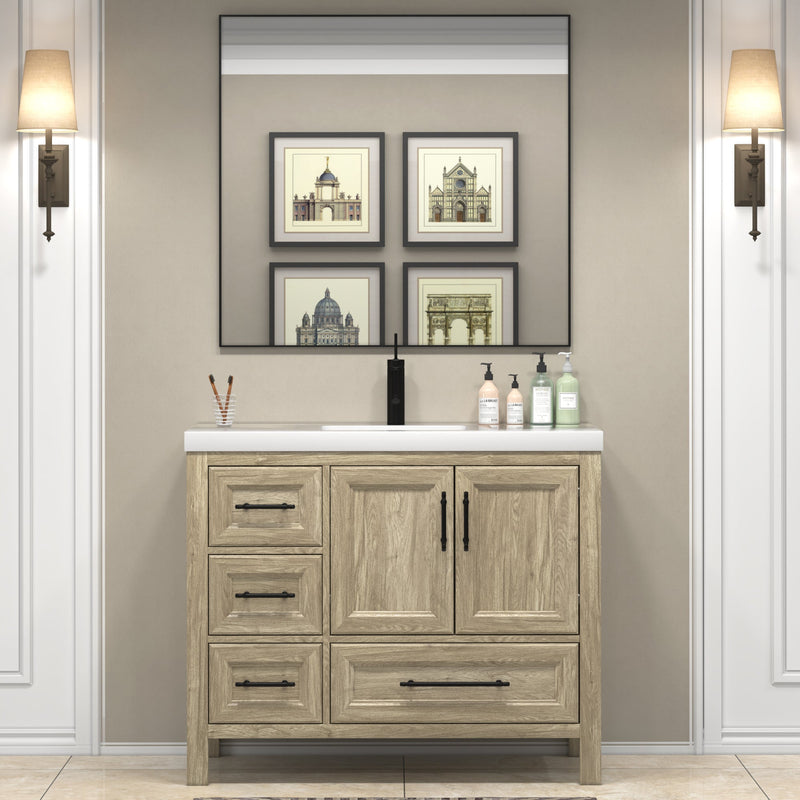 VIV 42 Inch Freestanding Solid Wood Bathroom Vanity in White Oak with Single Sink Acrylic Sink Set