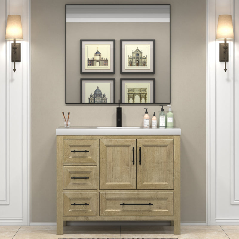 VIV 42 Inch Freestanding Solid Wood Bathroom Vanity in Oak with Single Sink Acrylic Sink Set