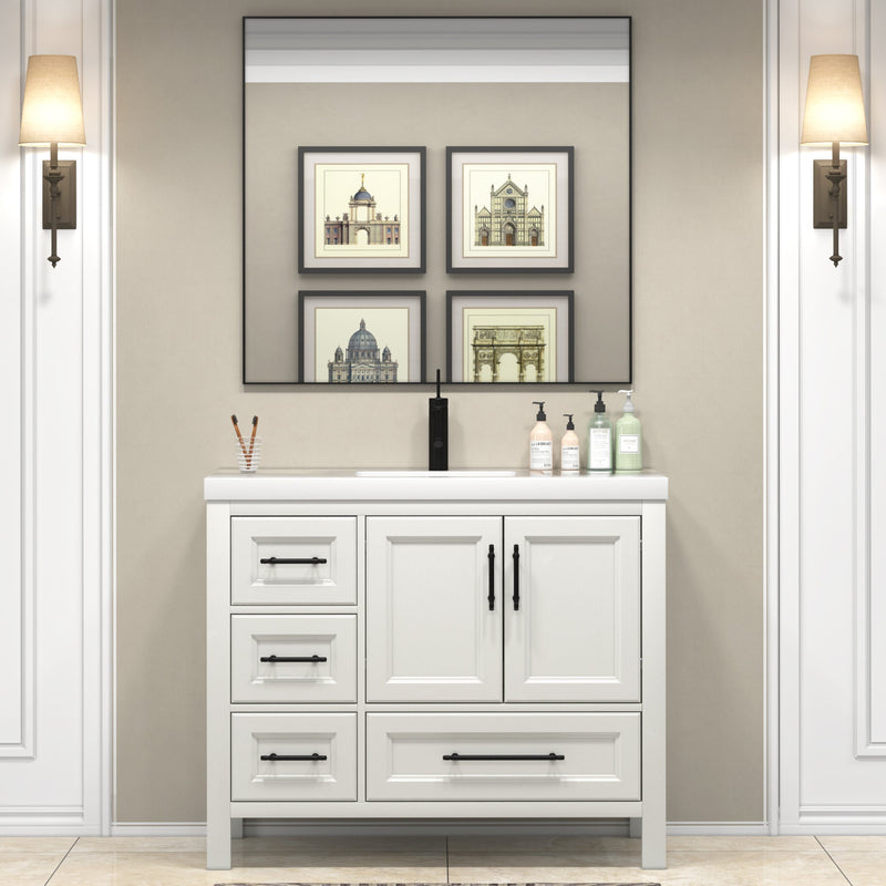 VIV 42 Inch Freestanding Solid Wood Bathroom Vanity in Matte White with Single Sink Acrylic Sink Set