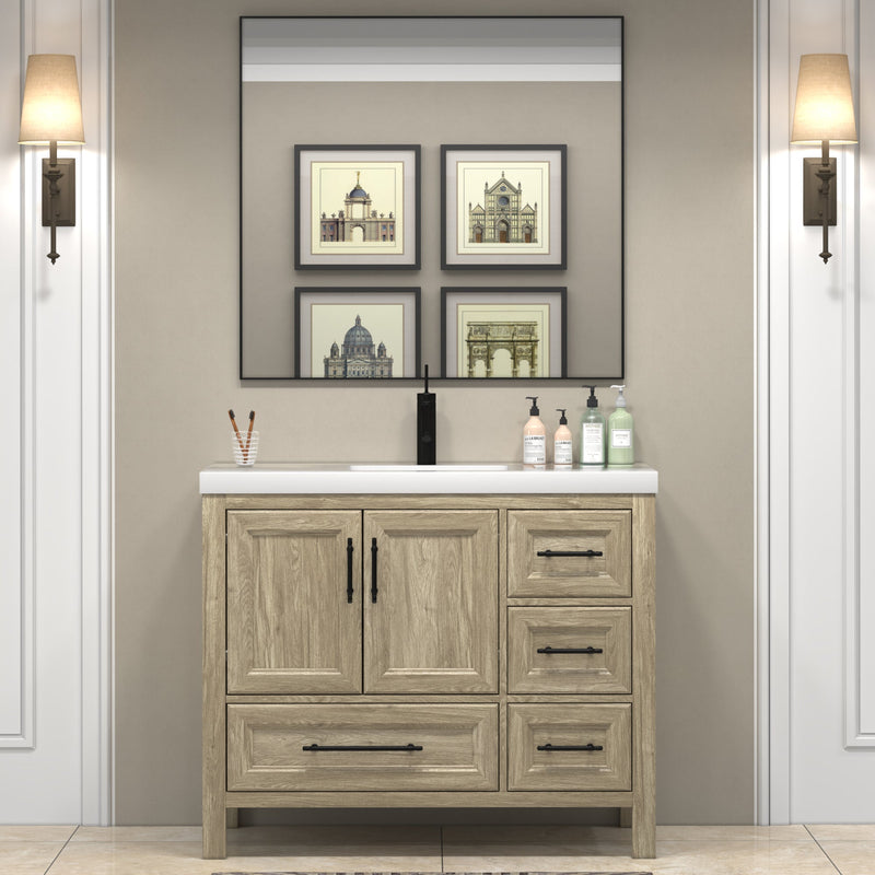 VIV 42 Inch Freestanding Solid Wood Bathroom Vanity in White Oak with Single Sink Acrylic Sink Set