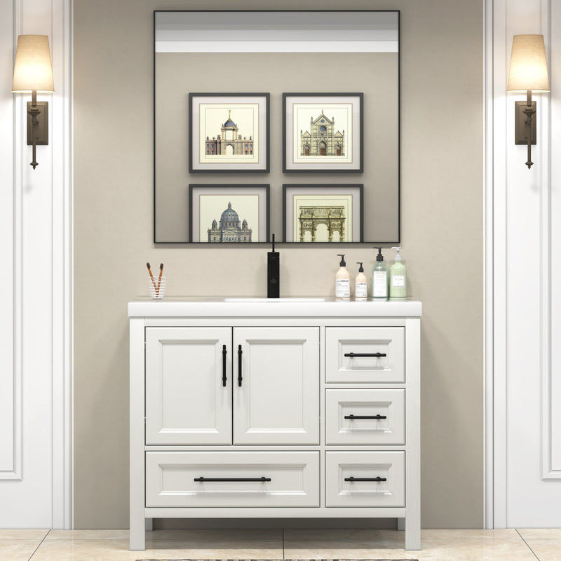 VIV 42 Inch Freestanding Solid Wood Bathroom Vanity in Matte White with Single Sink Acrylic Sink Set