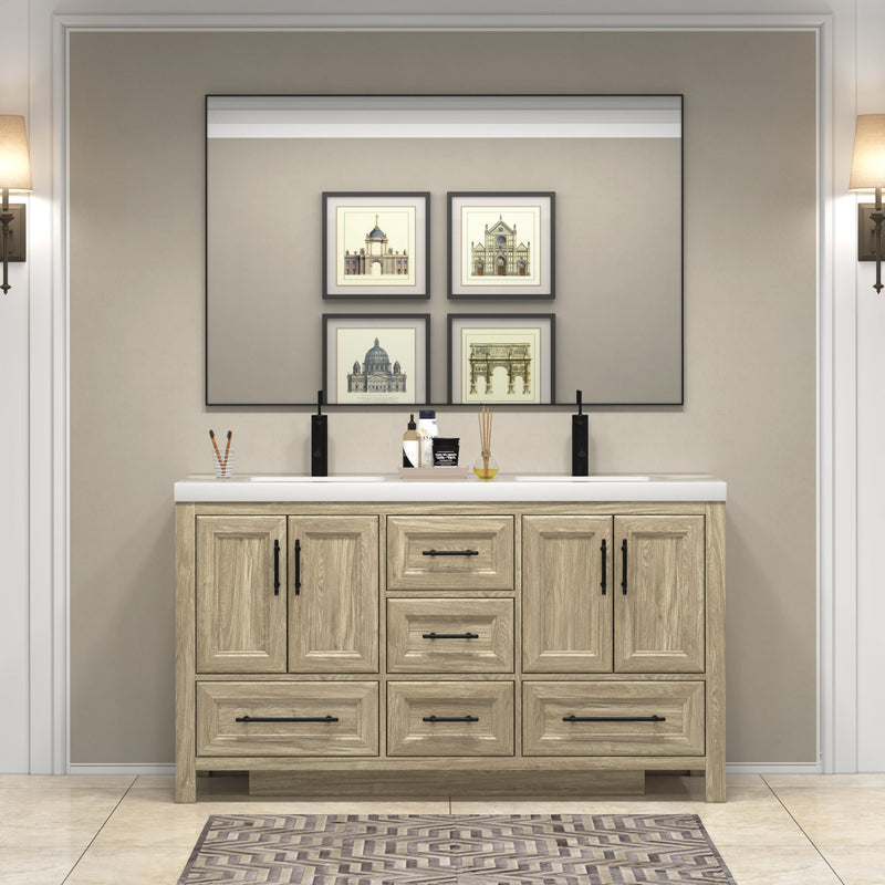VIV 60 Inch Freestanding Solid Wood Bathroom Vanity in White Oak with Double Sink Set