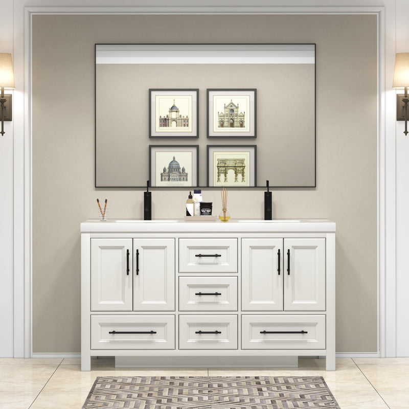 VIV 60 Inch Freestanding Solid Wood Bathroom Vanity in Matte White Oak with Double Sink Set