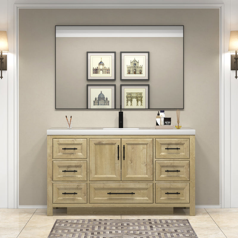 VIV 60 Inch Freestanding Solid Wood Bathroom Vanity in Oak with Single Acrylic Sink Set