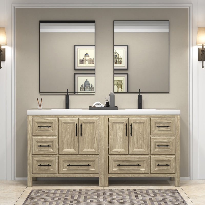 VIV 72 Inch Freestanding Solid Wood Bathroom Vanity in White Oak with Double Sink Acrylic Sink Set