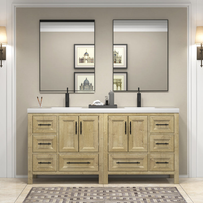 VIV 72 Inch Freestanding Solid Wood Bathroom Vanity in Oak with Double Sink Acrylic Sink Set