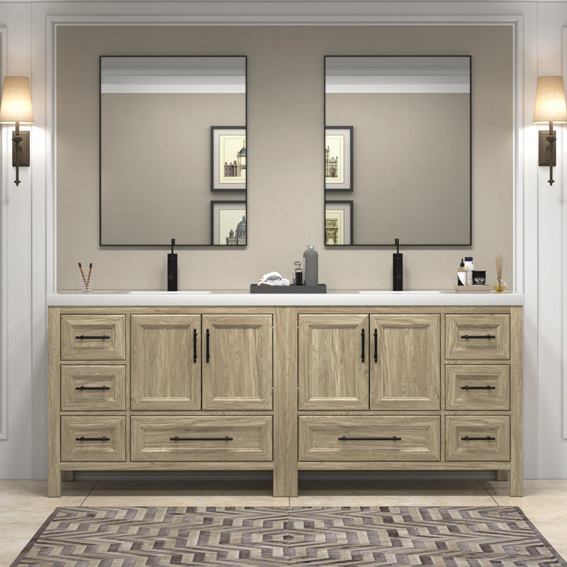 VIV 84 Inch Freestanding Solid Wood Bathroom Vanity in White Oak with Double Sink Acrylic Sink Set
