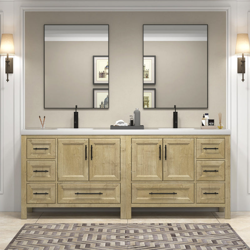 VIV 84 Inch Freestanding Solid Wood Bathroom Vanity in Oak with Double Sink Acrylic Sink Set