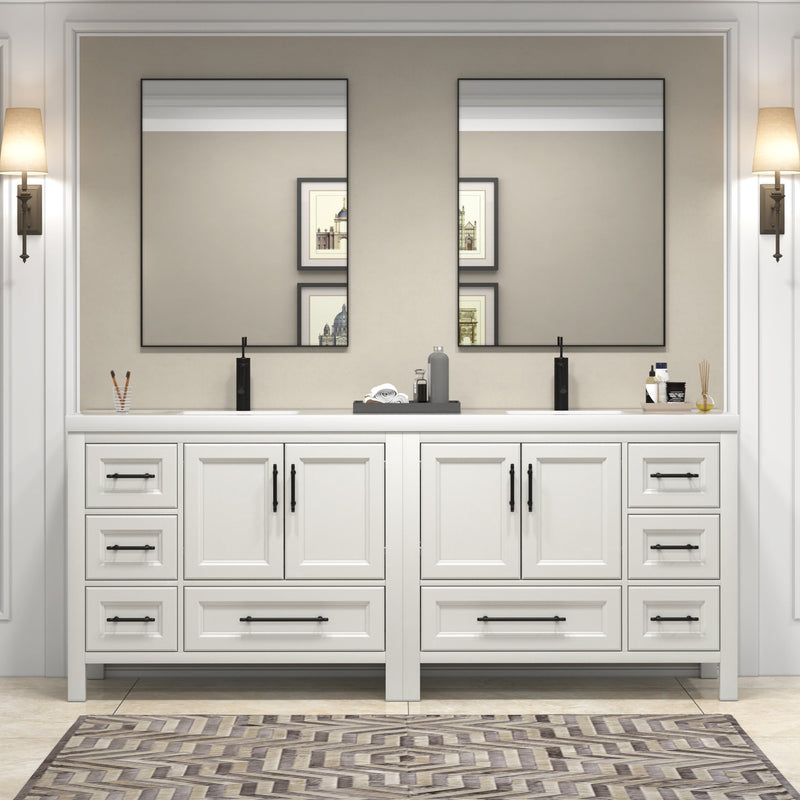 VIV 84 Inch Freestanding Solid Wood Bathroom Vanity in Matte White Oak with Double Sink Acrylic Sink Set