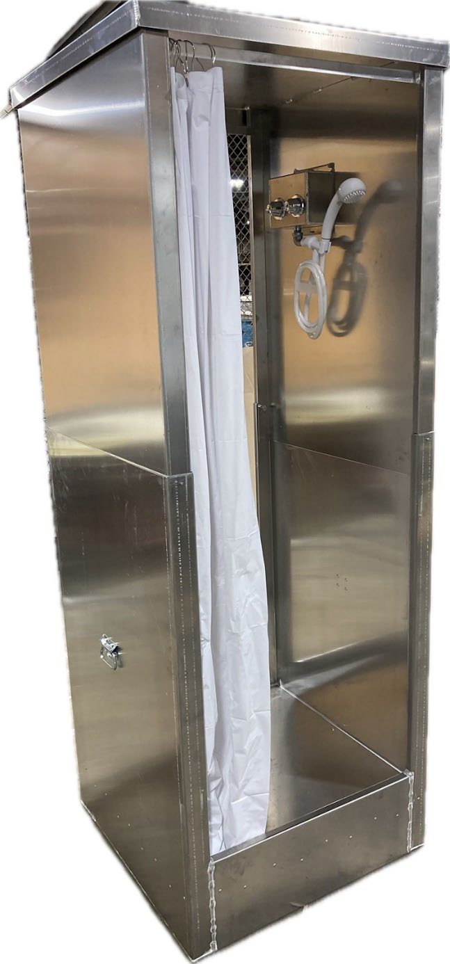 Aerospace America 9105 portable decontamination shower, curtain open showing valves and hand-held head