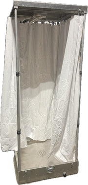 Aerospace America 9106 compact portable decontamination shower, set up with curtain drawn