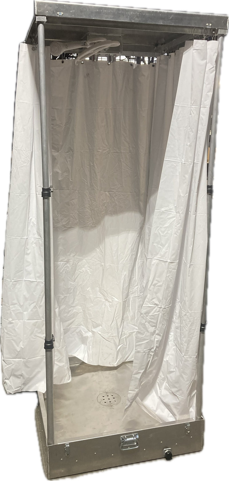 Aerospace America 9106 compact portable decontamination shower, set up with curtain drawn