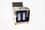 Aerospace America 9115 two-stage pump, lid open showing two filter canisters