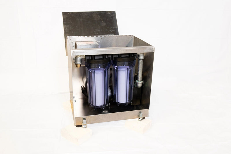Aerospace America 9115 two-stage pump, lid open showing two filter canisters