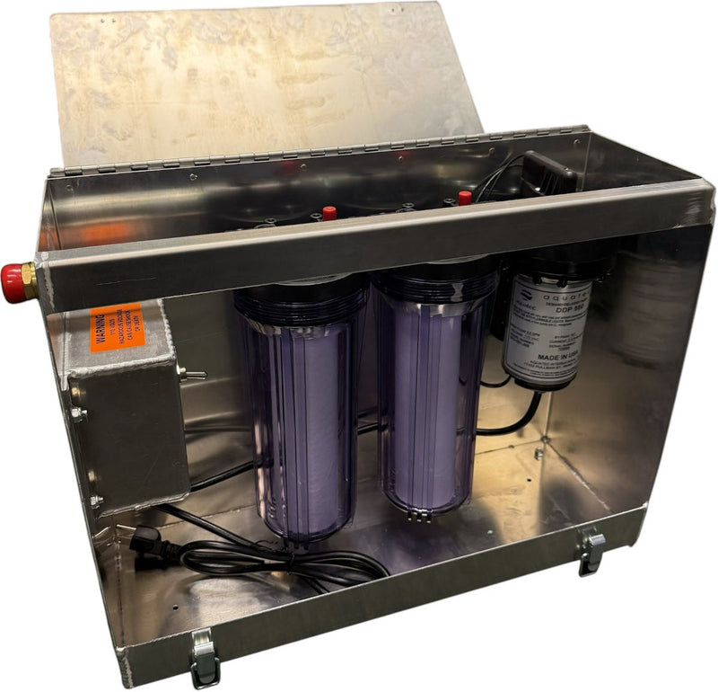 Aerospace America 9116 compact pump, lid open showing two filter canisters and pump