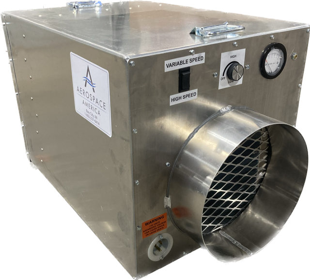 Aerospace America Aero 1000V variable speed air scrubber, front three-quarter view with speed knob
