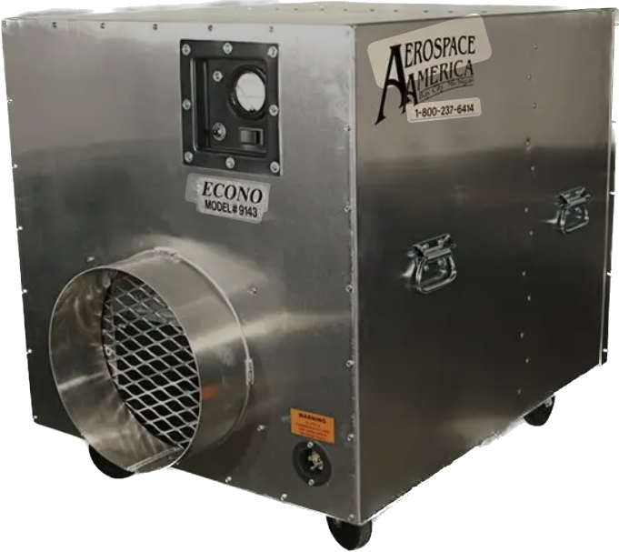 Aerospace America Aeroclean ECONO 9143 air scrubber, front three-quarter view with control panel and 12" exhaust