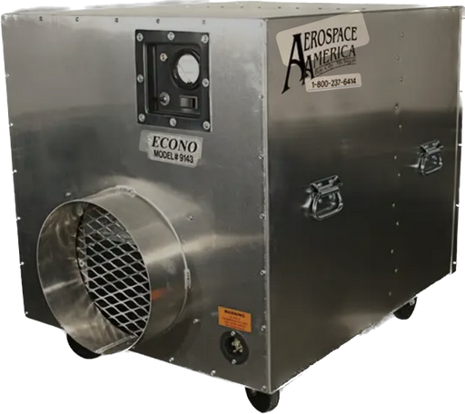 Aerospace America Aeroclean ECONO 9143 air scrubber, front three-quarter view with control panel and 12" exhaust