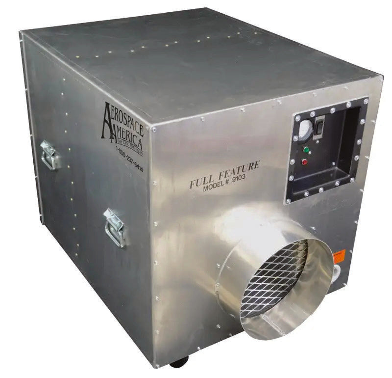 Aerospace America Aeroclean Full Feature 9103 air scrubber, front three-quarter view with alarm panel and 12" exhaust