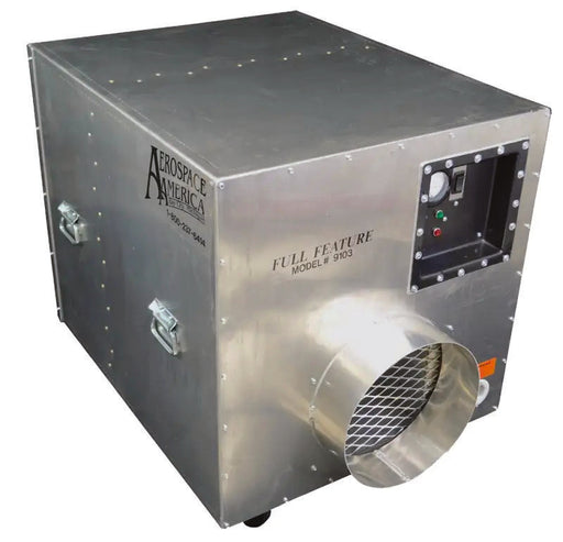 Aerospace America Aeroclean Full Feature 9103 air scrubber, front three-quarter view with alarm panel and 12" exhaust