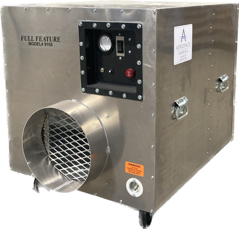 Aerospace America Aeroclean Full Feature 9103, second three-quarter view with alarm panel and 12" exhaust