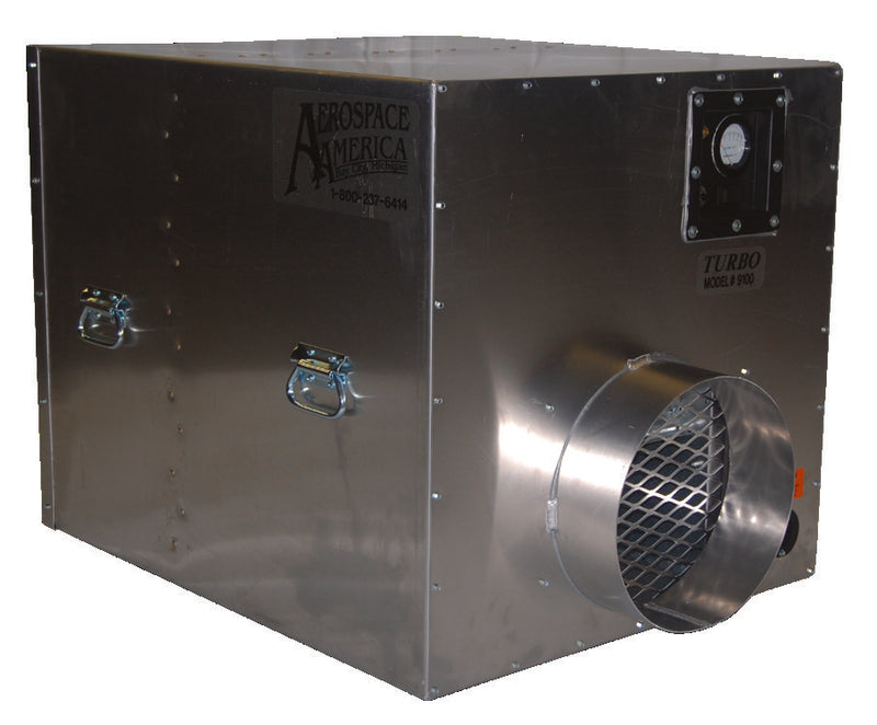 Aerospace America Aeroclean Turbo 9100 air scrubber, front three-quarter view with 12" exhaust and control panel