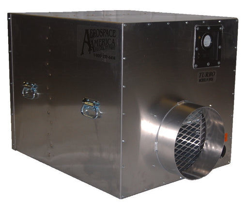 Aerospace America Aeroclean Turbo 9100 air scrubber, front three-quarter view with 12" exhaust and control panel
