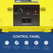 Control panel of the AlorAir CleanShield HEPA 550 with speed knob, HEPA change light, circuit breaker and GFCI outlet, with icon captions