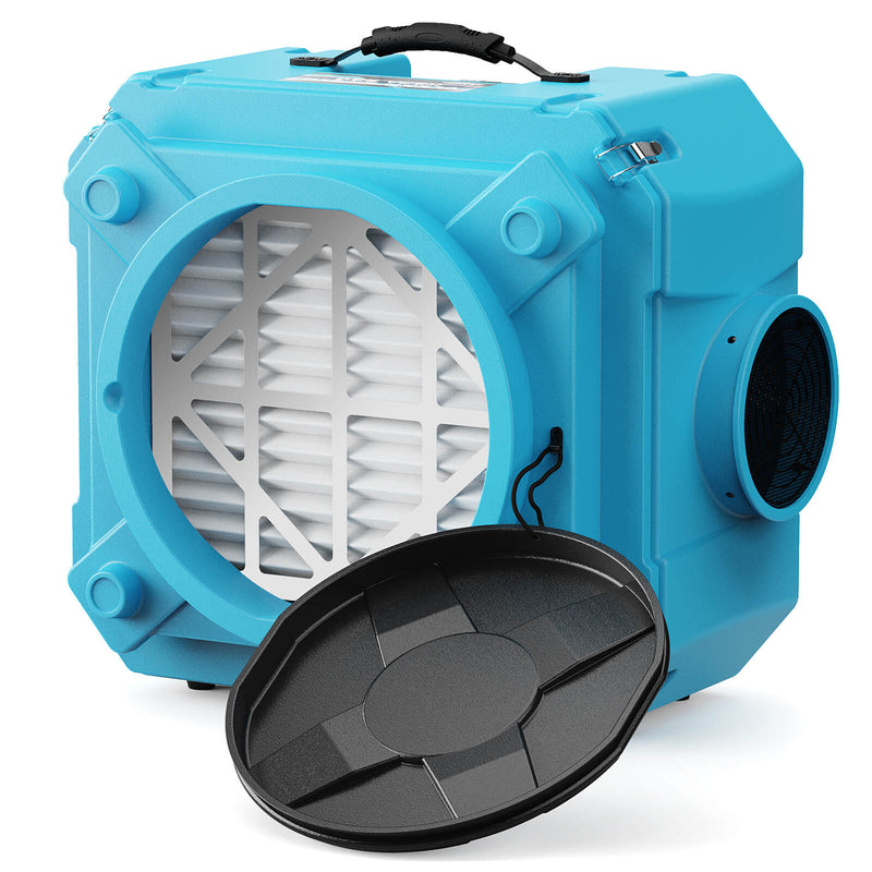 Blue AlorAir CleanShield HEPA 550 air scrubber, front three-quarter view with the inlet cap