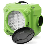 Green AlorAir CleanShield HEPA 550 air scrubber, front three-quarter view with the inlet cap