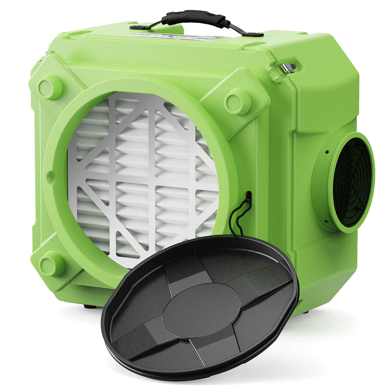 Green AlorAir CleanShield HEPA 550 air scrubber, front three-quarter view with the inlet cap