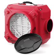 Red AlorAir CleanShield HEPA 550 air scrubber, front three-quarter view with the inlet cap