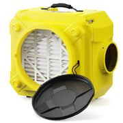 Yellow AlorAir CleanShield HEPA 550 air scrubber, front three-quarter view with the inlet cap resting against it