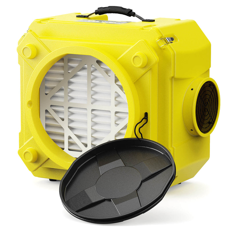 Yellow AlorAir CleanShield HEPA 550 air scrubber, front three-quarter view with the inlet cap resting against it